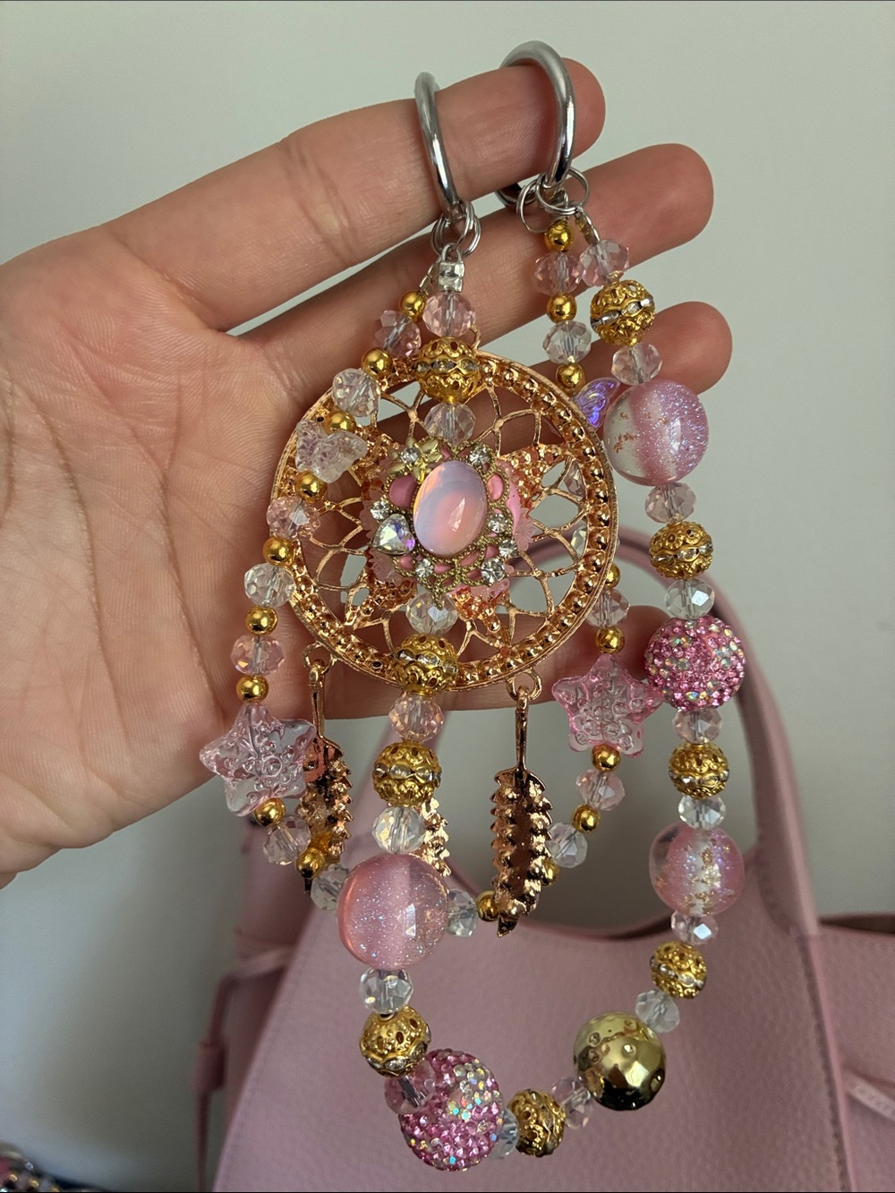 Pink Crystal Butterfly Dream Catcher Beaded Bag Chain - Picture 4 of 4